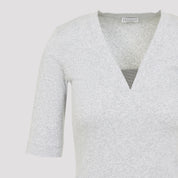 Brunello Cucinelli V - Neck Ribbed T-Shirt - WOMEN CLOTHING - Brunello Cucinelli - T.Luxy