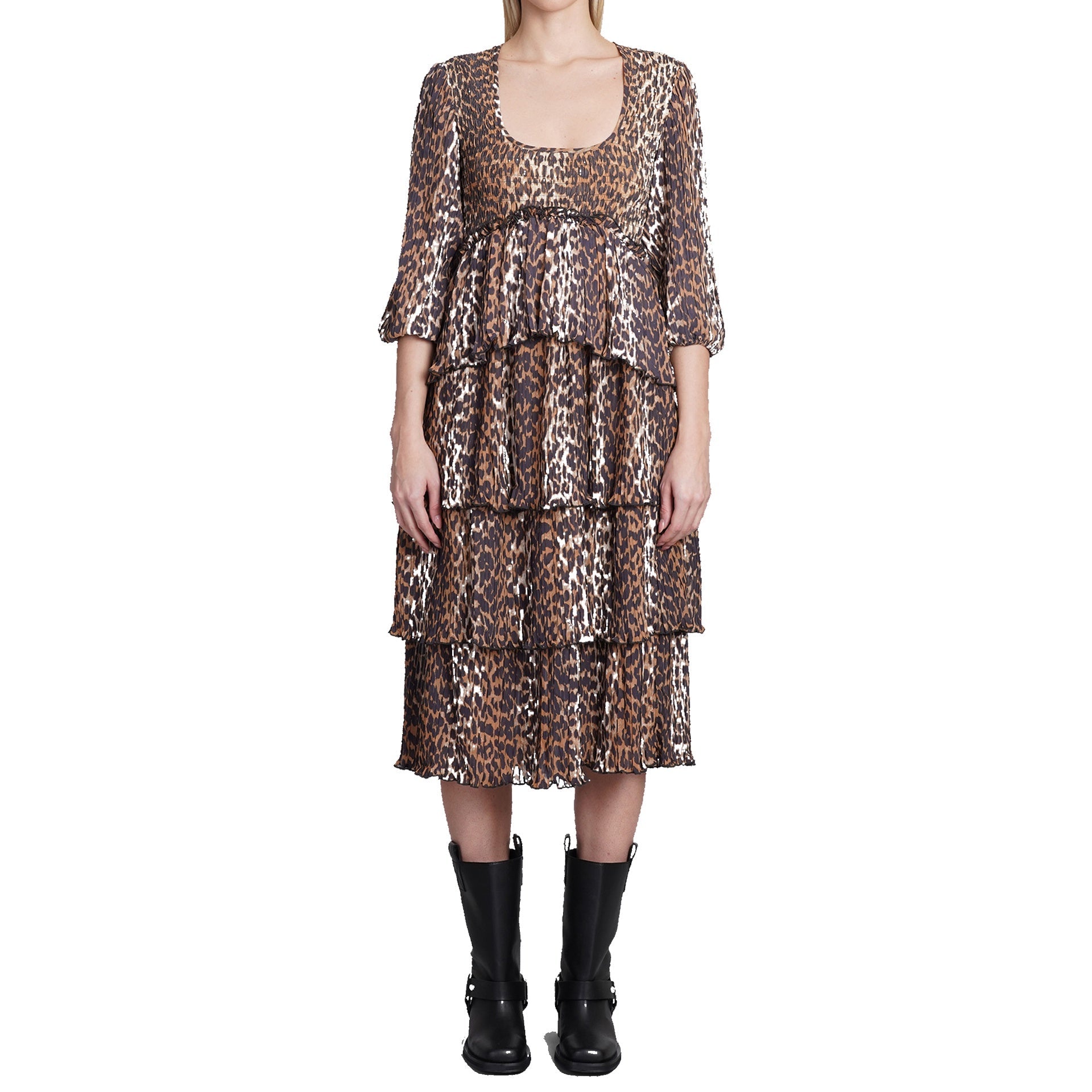 Abito midi leopardato in georgette plissettato Ganni