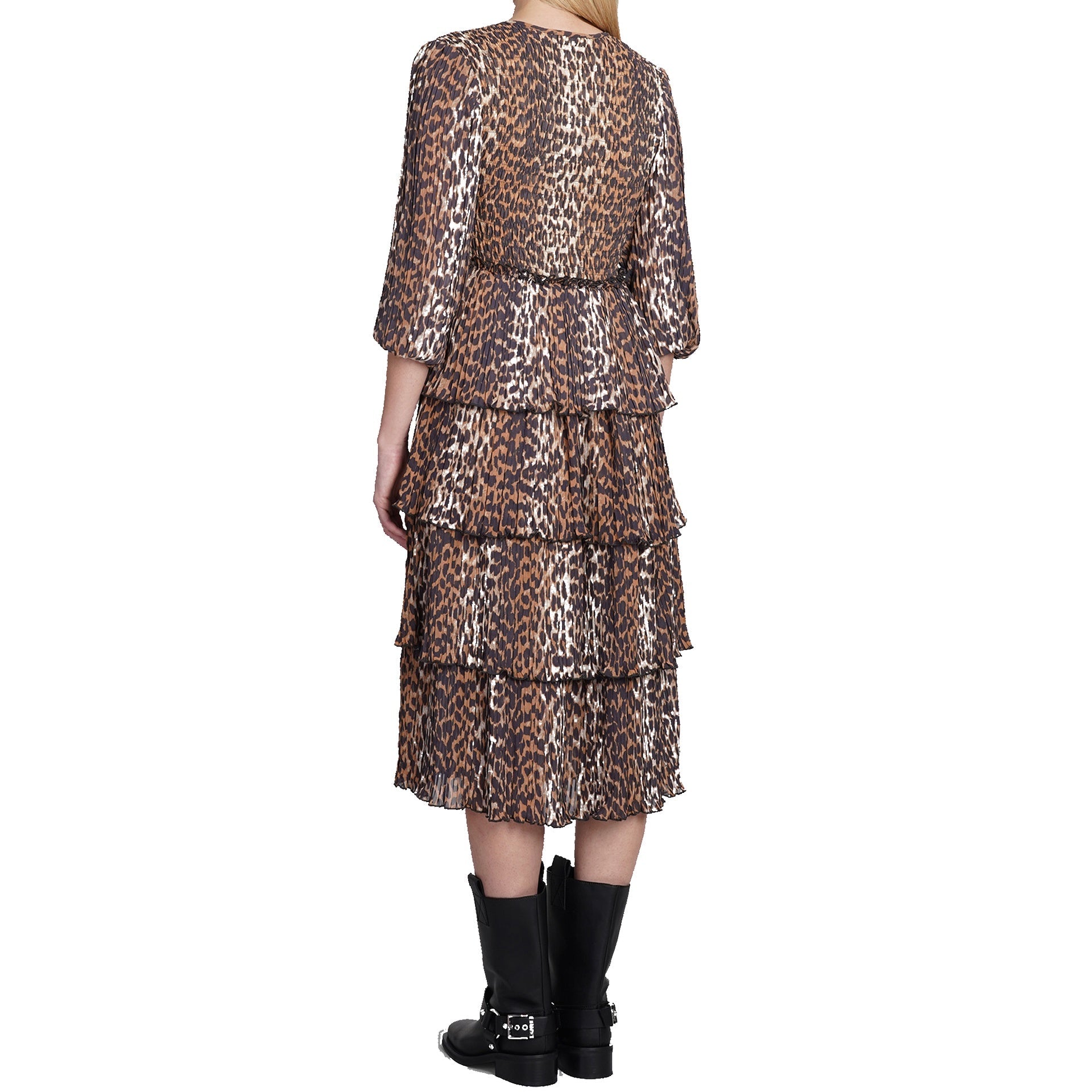 Abito midi leopardato in georgette plissettato Ganni